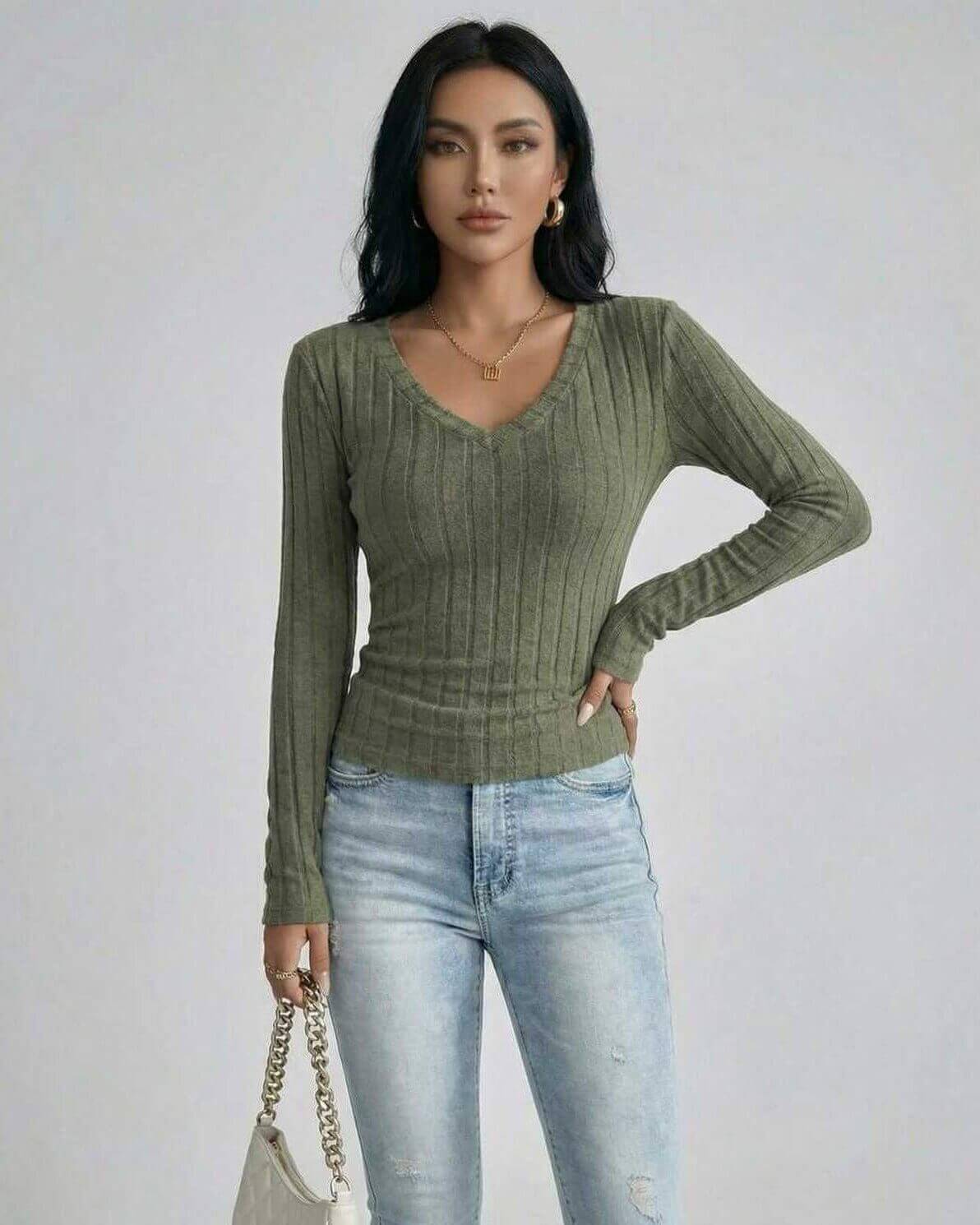 Sahara Sweater by Lauven – Women's green V neck sweater with ribbed knit and slim fit.