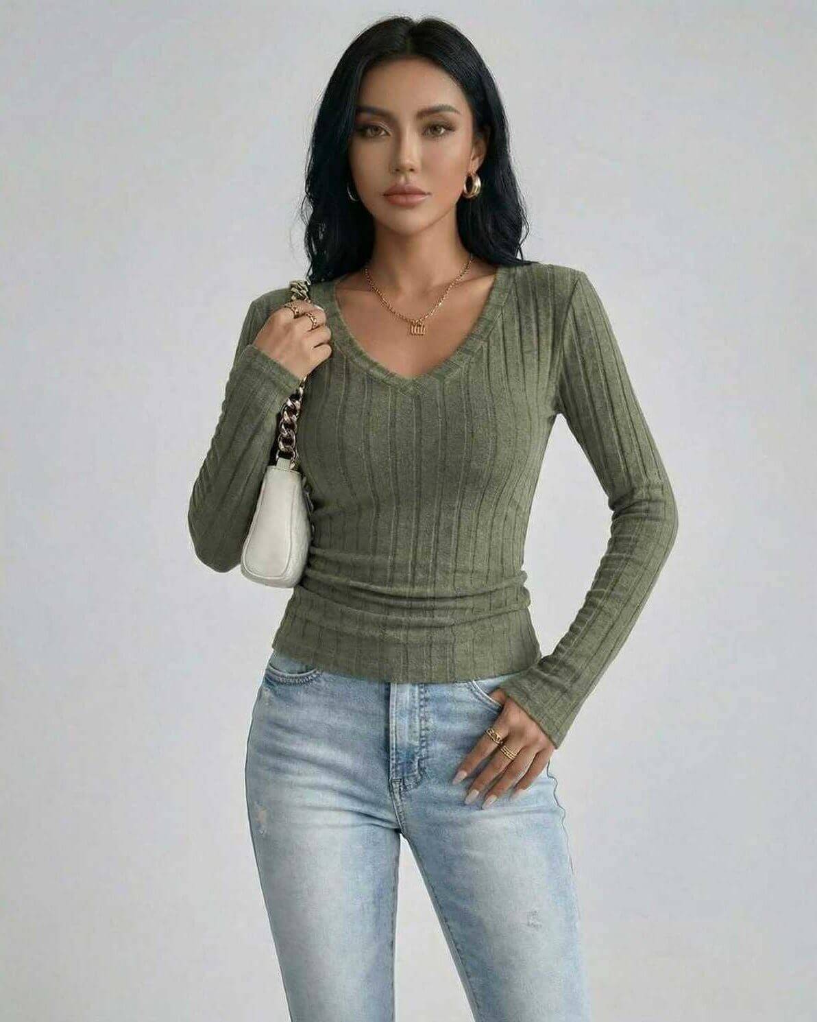 Sahara Sweater by Lauven – Women’s green V neck sweater with ribbed knit and slim fit.