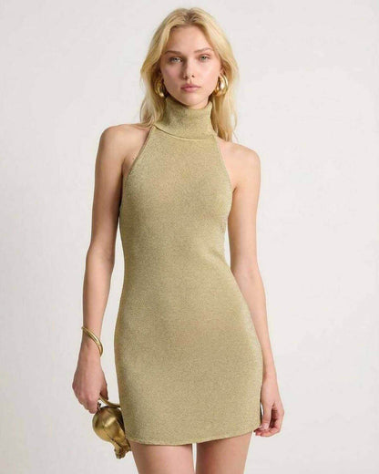 Soleil Mini Dress by Lauven in olive green, bodycon design with turtleneck halter showcasing modern elegance.