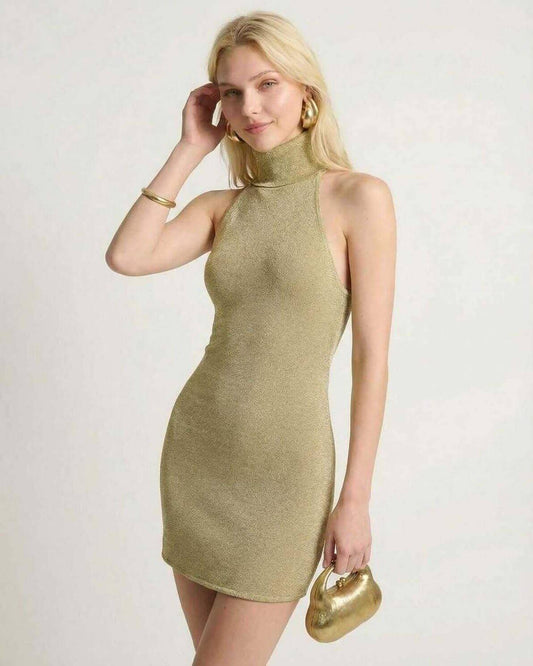 Soleil Mini Dress by Lauven in olive green, bodycon style with turtleneck halter design, showcasing modern elegance.