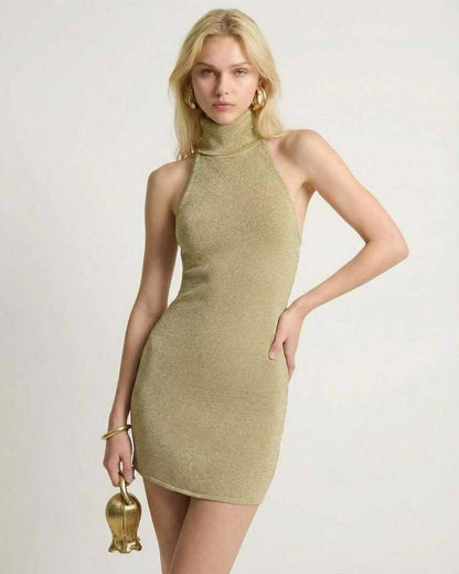 Soleil Mini Dress by Lauven, olive green bodycon halter dress with turtleneck, showcasing modern elegance and sleek silhouette.