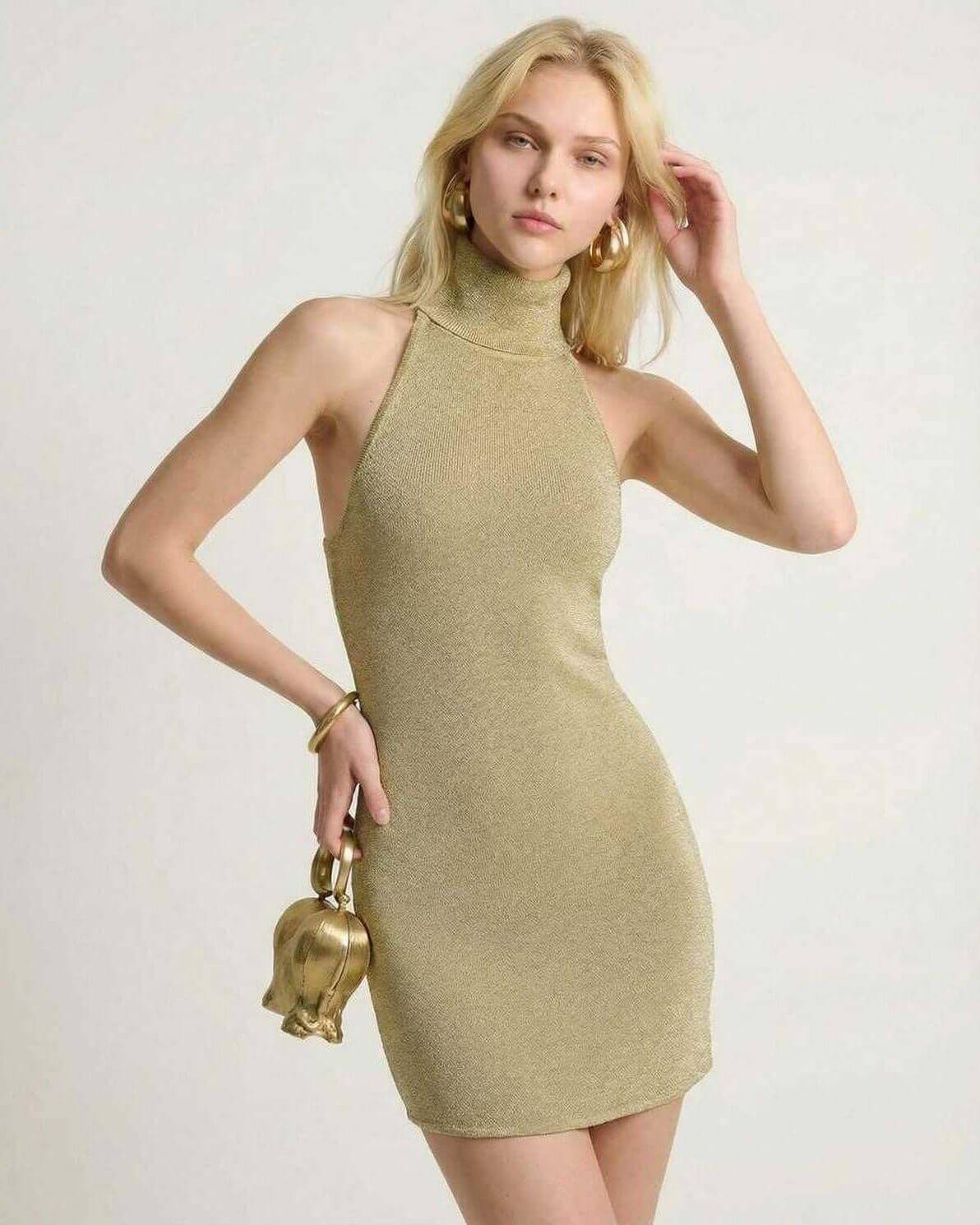 Soleil Mini Dress by Lauven - Olive Green Bodycon Mini Dress with Turtleneck Halter Design