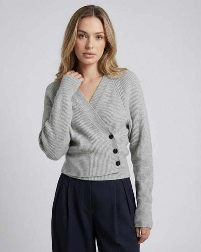 Vienna Sweater by Lauven - Women's gray wrap sweater in ribbed knit with long sleeves and buttons.