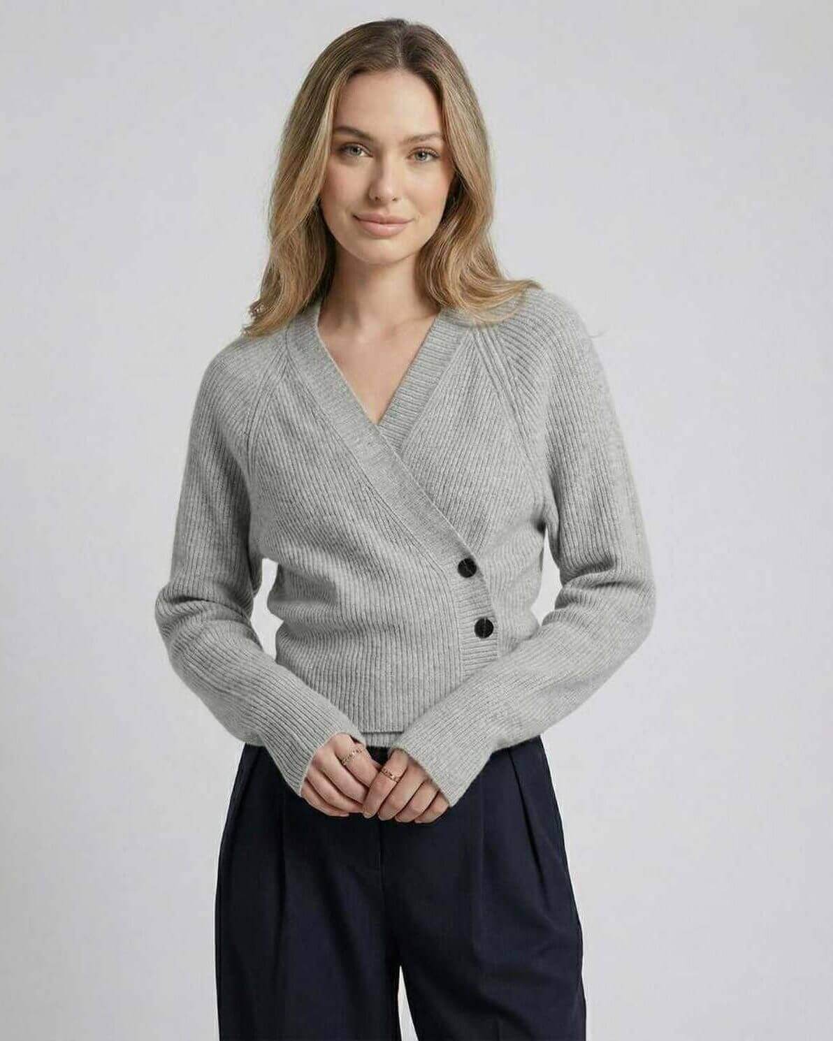 Vienna Sweater by Lauven – Women’s gray wrap sweater with ribbed knit texture and long sleeves.