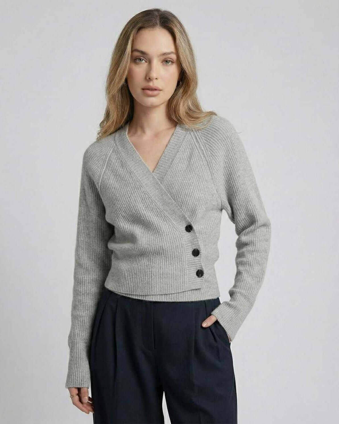 Vienna Sweater by Lauven - Women’s Gray Wrap Sweater with Ribbed Knit Long Sleeves