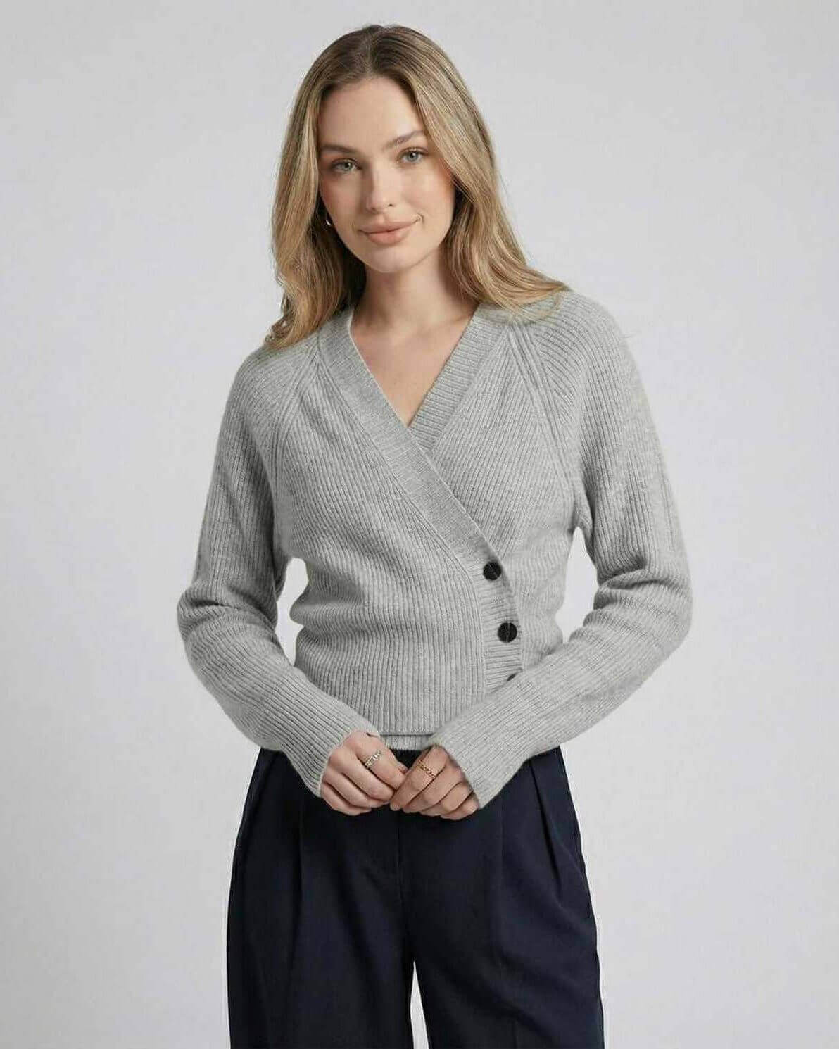Vienna Sweater by Lauven – Women’s gray wrap sweater with ribbed knit texture and long sleeves.