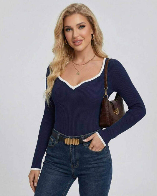 Milano Sweater by Lauven - Women’s navy V neck sweater with slim fit and modern contrast detailing.
