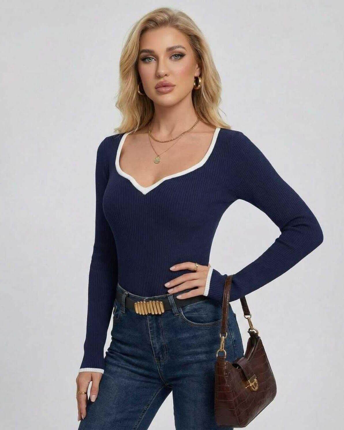 Milano Sweater by Lauven - Women's V Neck Sweater in Navy with Slim Fit and Contrast Detailing