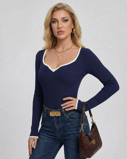 Milano Sweater by Lauven - Women's V Neck Sweater in Navy with Slim Fit and Contrast Detailing