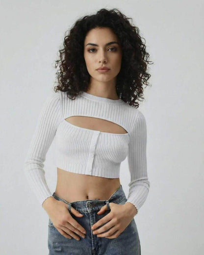 Monaco Top by Lauven, women’s white long sleeve cut out ribbed knit top with button detail.
