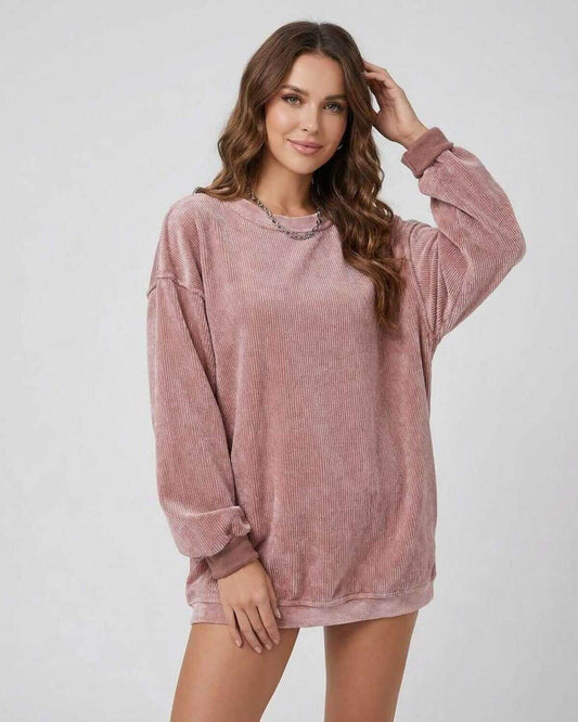 Verona Sweater by Lauven – Women’s ribbed oversized sweater in dusty rose with long sleeves.