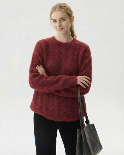 Sienna Pullover by Lauven, women's oversized wool blend knit sweater in burgundy, perfect for fall and winter layering.