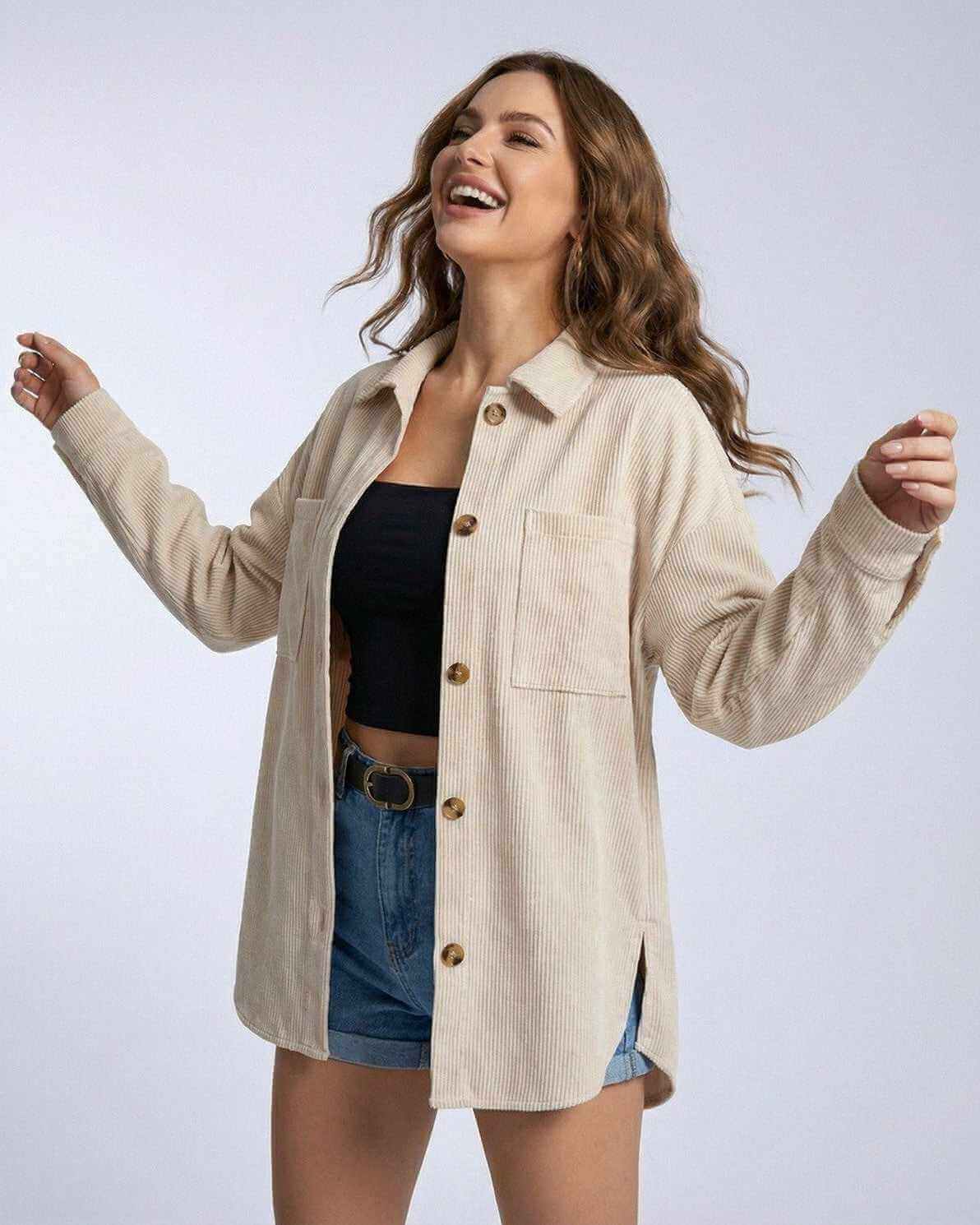 Monaco Jacket by Lauven - Women's oversized corduroy jacket with a relaxed fit and neutral tone.