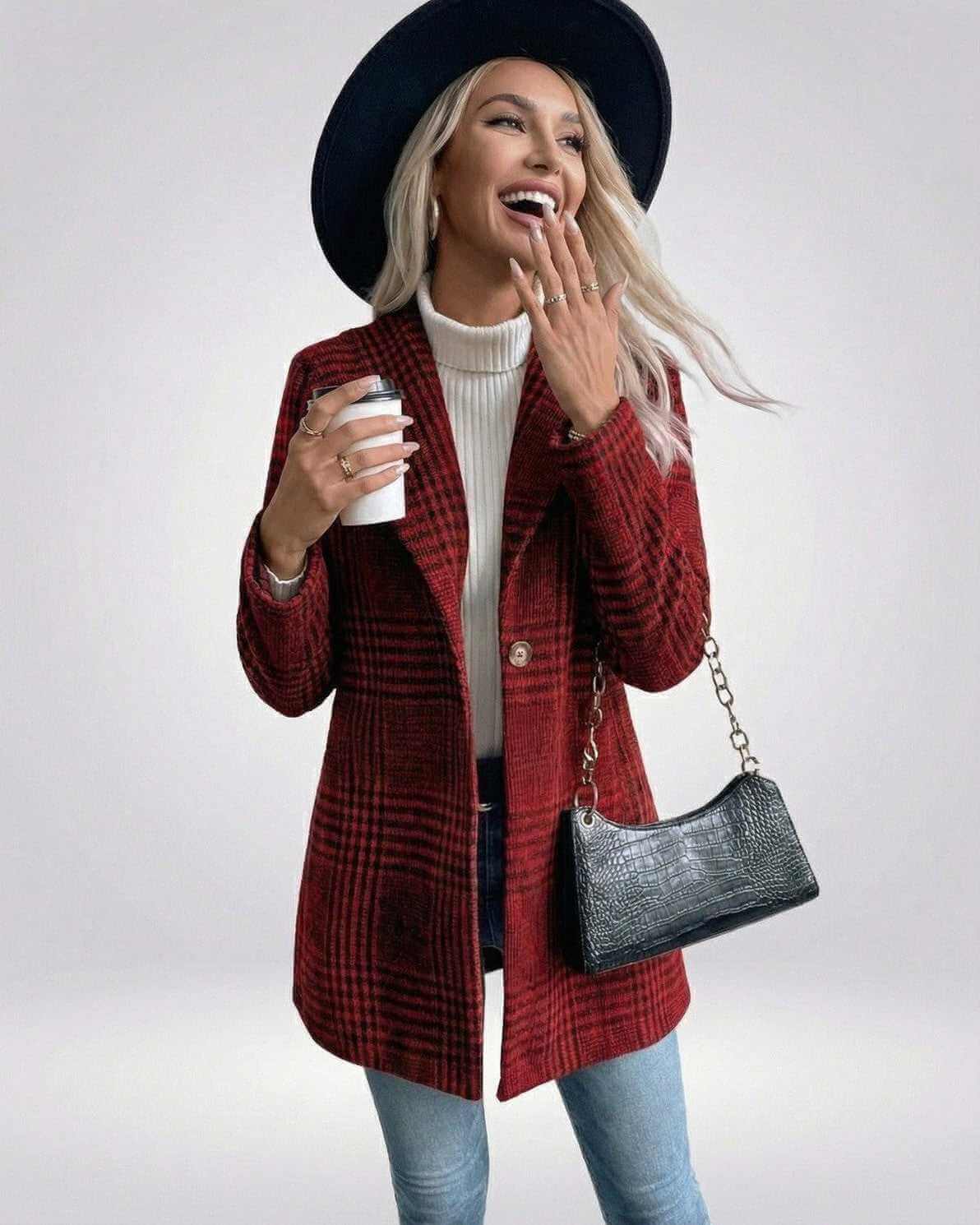 Verona Jacket by Lauven – Stylish women’s red plaid jacket with a slim fit and tailored silhouette.