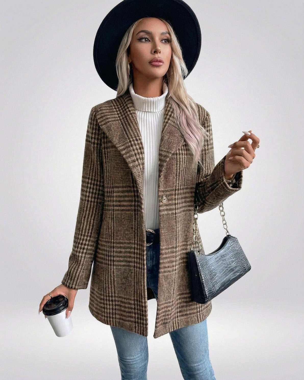 Sienna Jacket by Lauven – Women's brown plaid jacket with slim fit tailored structure and stylish accessories.