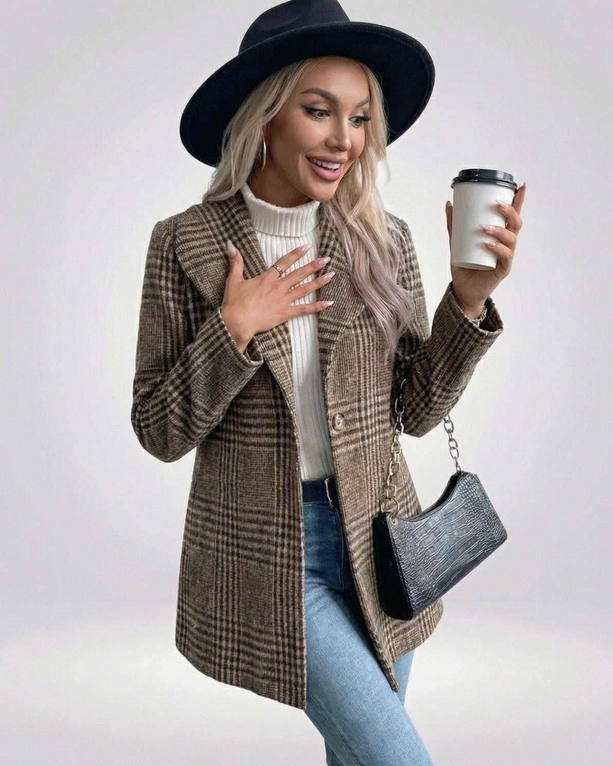 Sienna Jacket by Lauven, women's brown plaid jacket with slim fit, stylish and textured design.