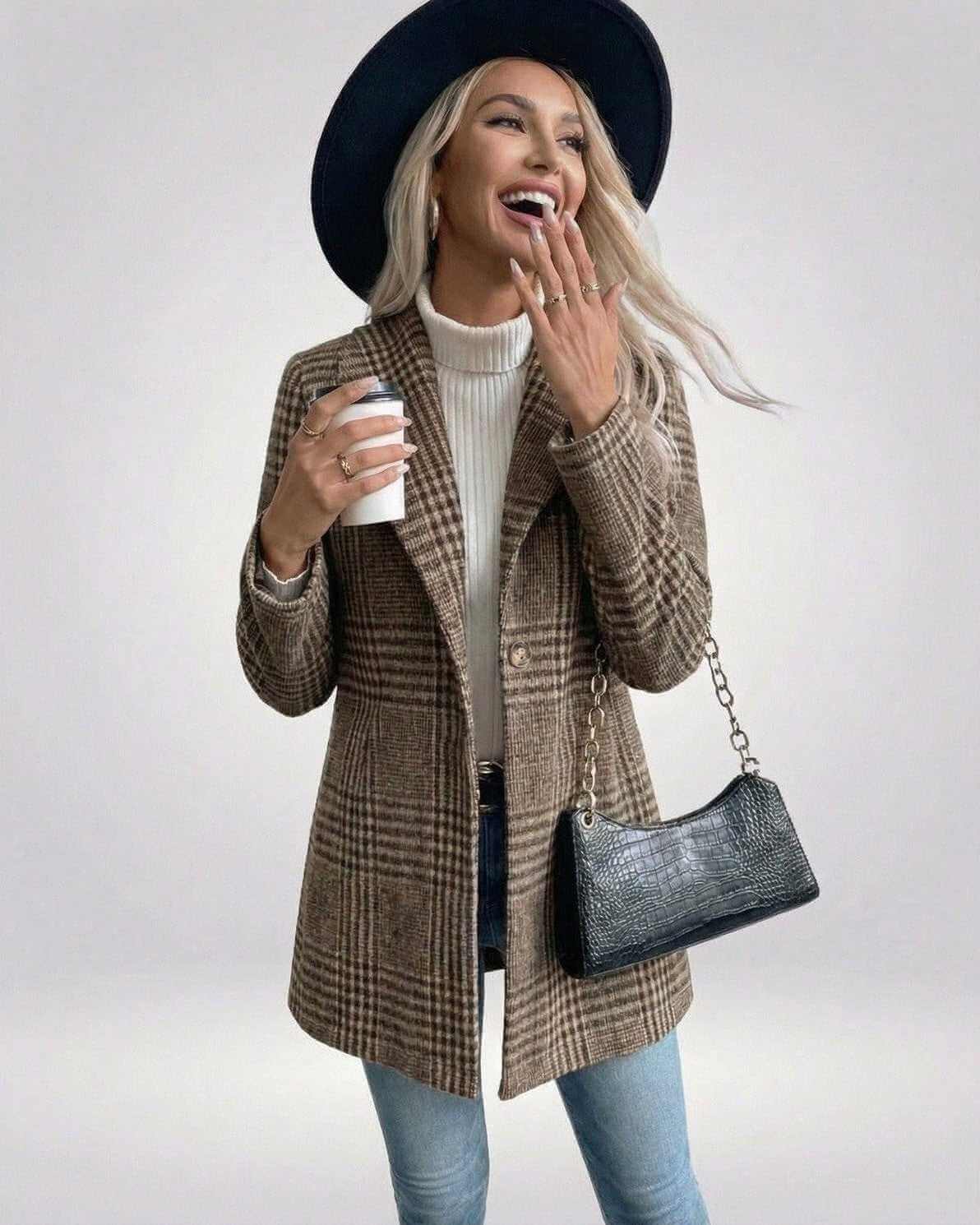 Sienna Jacket by Lauven – Women’s brown plaid jacket with slim fit and tailored structure, perfect for modern wardrobes.