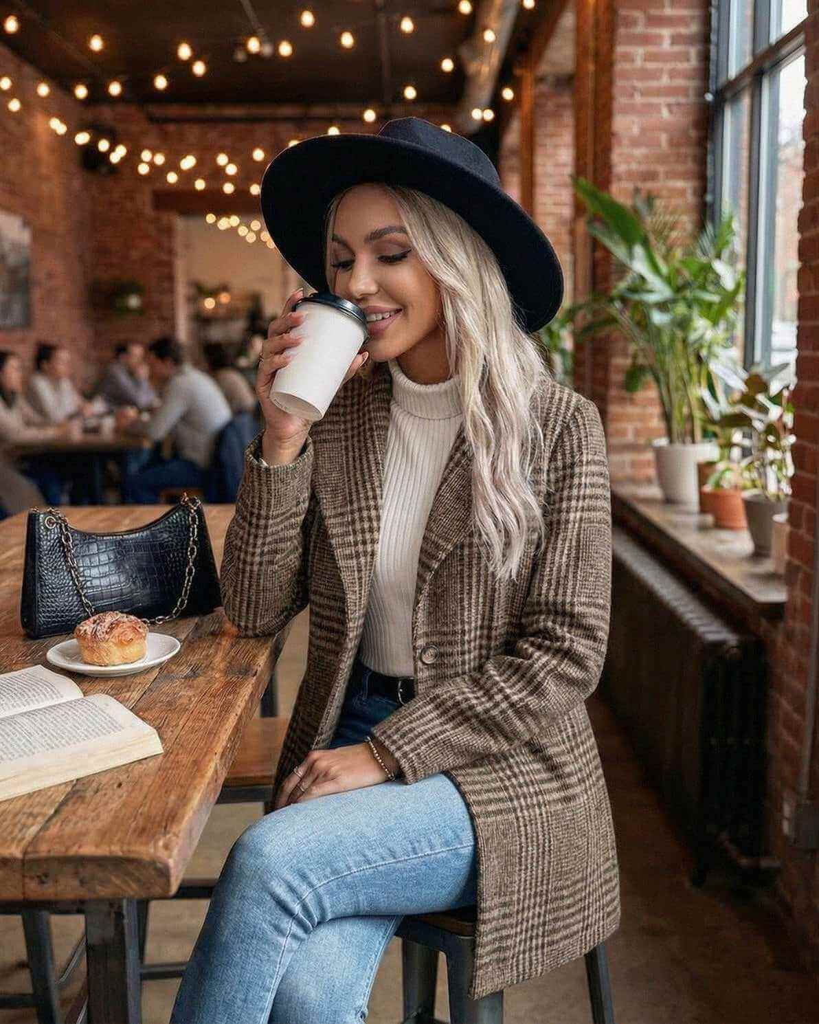 Sienna Jacket by Lauven – Stylish women's brown plaid jacket in a cafe setting.