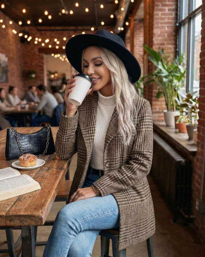 Sienna Jacket by Lauven – Stylish women's brown plaid jacket in a cafe setting.