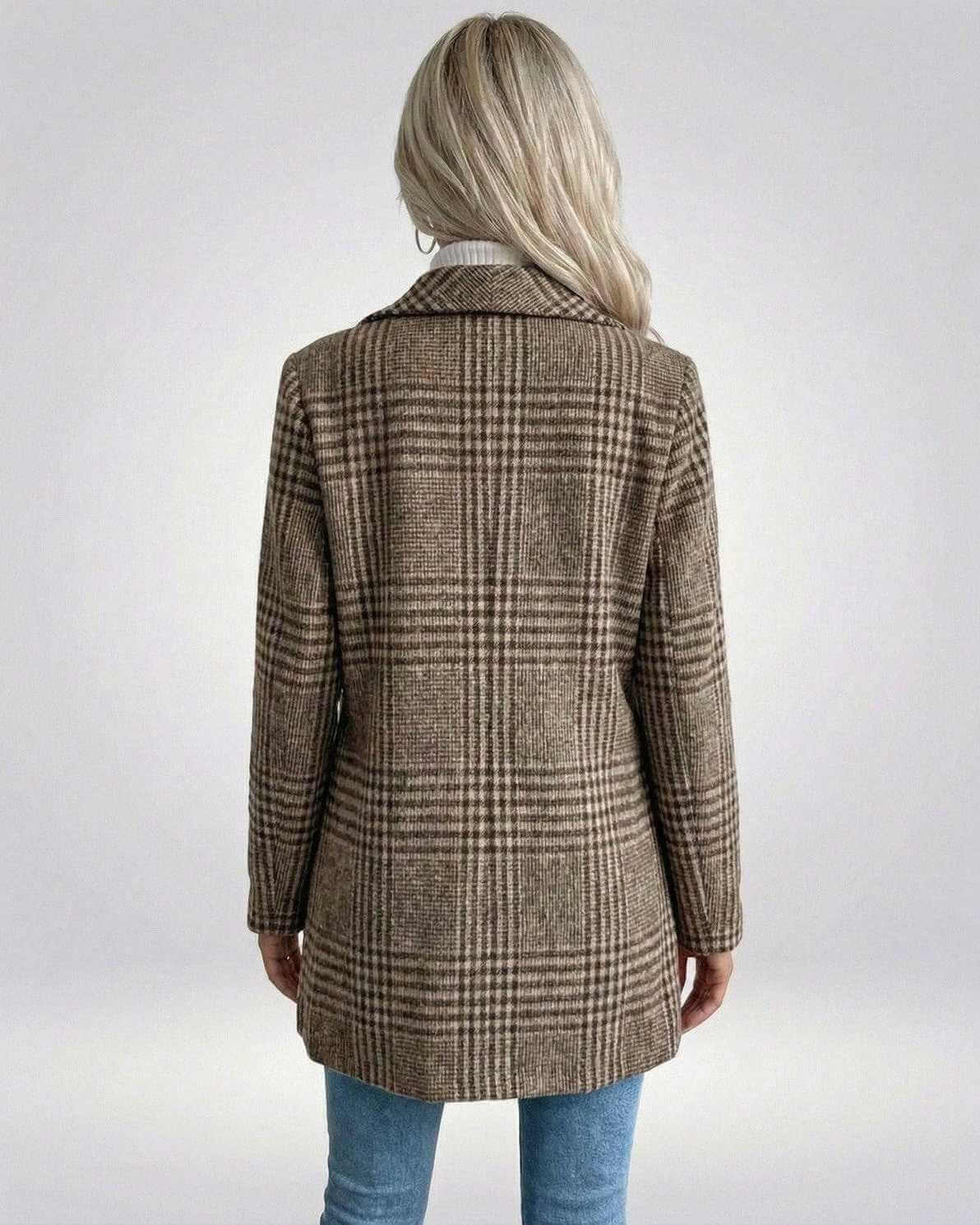Back view of the Sienna Jacket, a women’s brown plaid jacket by Lauven, showcasing its slim fit tailored structure.