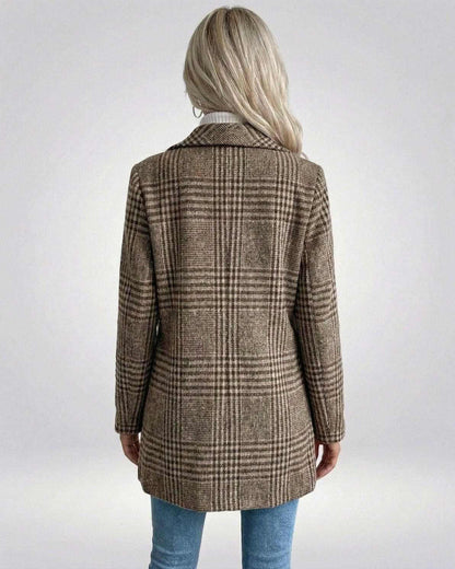 Back view of the Sienna Jacket, a women’s brown plaid jacket by Lauven, showcasing its slim fit tailored structure.