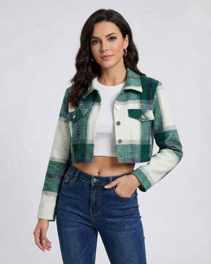Aspen Jacket by Lauven - Women’s Green Plaid Jacket with Cropped Loose Fit for streetwear style.