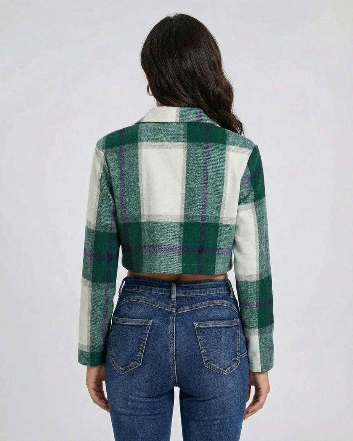 Aspen Jacket by Lauven – Women's green plaid cropped jacket showcasing comfort and style from the back view.