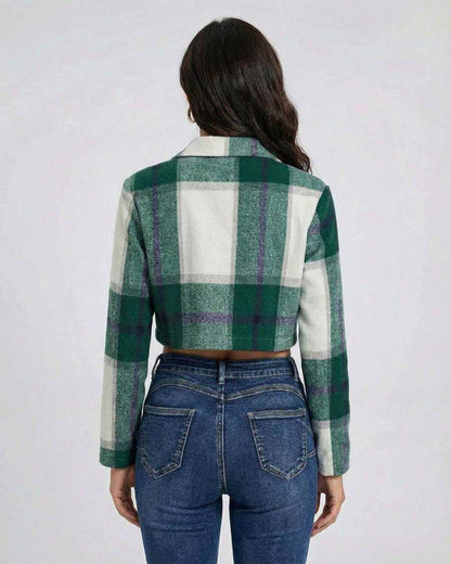 Aspen Jacket by Lauven – Women's green plaid cropped jacket showcasing comfort and style from the back view.