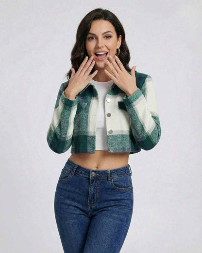 Aspen Jacket by Lauven – Stylish women’s green plaid cropped jacket with a relaxed fit.