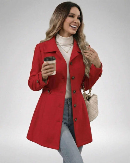 Crimson Sculpt Jacket by Lauven worn by a smiling woman holding a coffee, showcasing a stylish, tailored design.