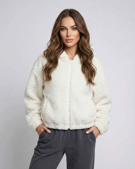Snow Cozy Jacket by Lauven – Women's white fleece zip jacket with plush texture and relaxed fit.