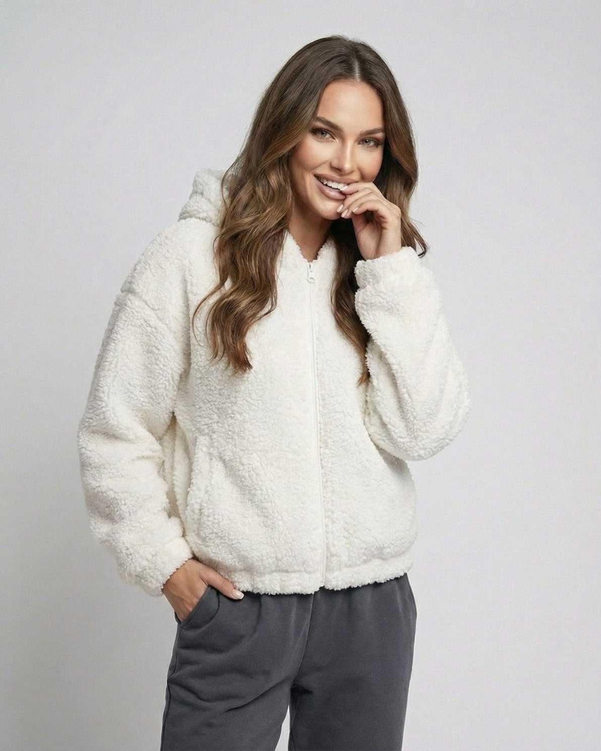 Snow Cozy Jacket by Lauven, women's white fleece zip jacket featuring a plush texture and hooded neckline.