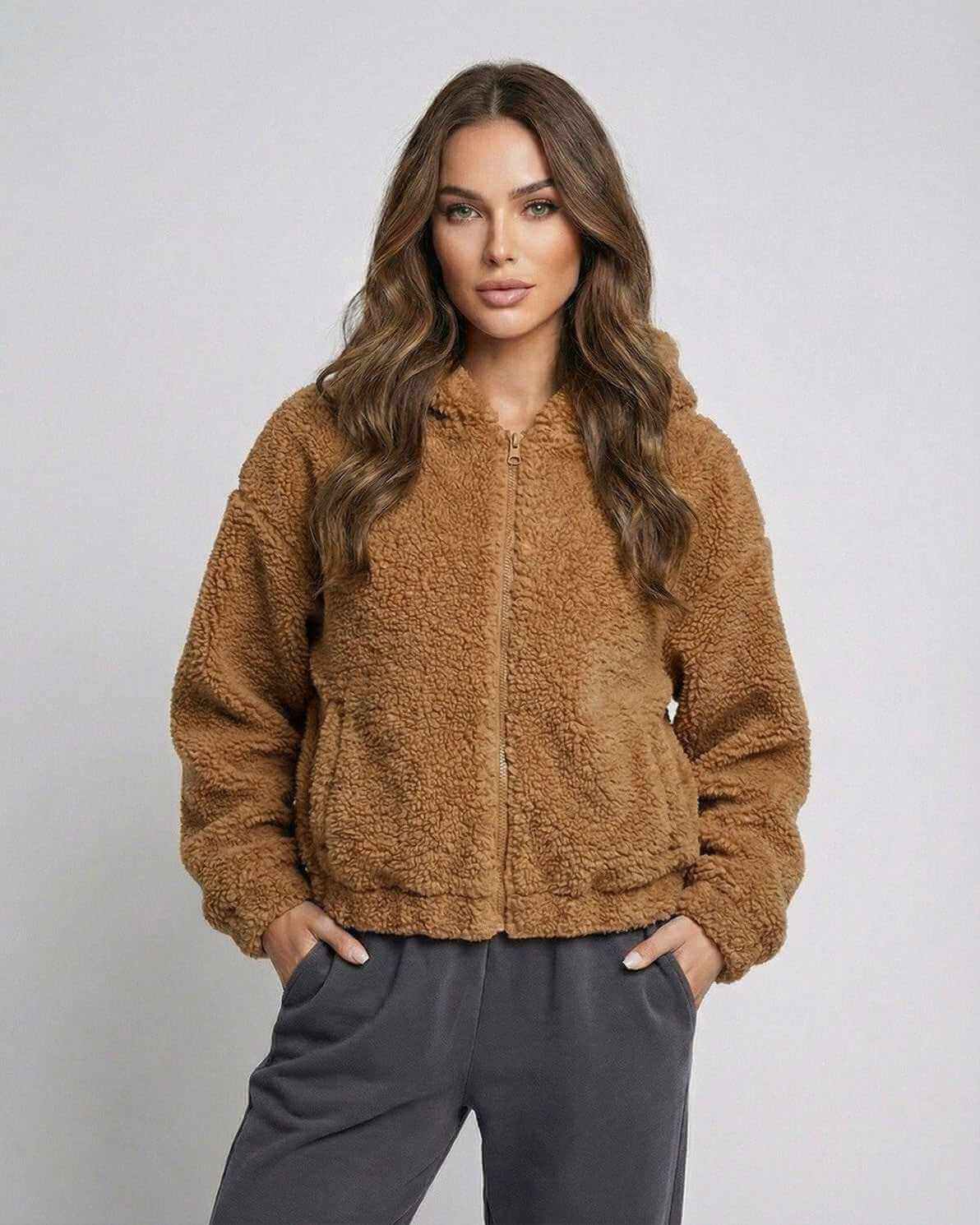 Sienna Jacket by Lauven – Women’s brown fleece jacket with hood and zip up front, perfect for casual layering.