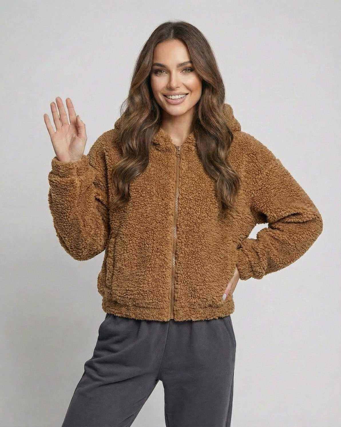 Sienna Jacket by Lauven – Women's brown hooded fleece jacket, zip up front, soft texture and modern fit.