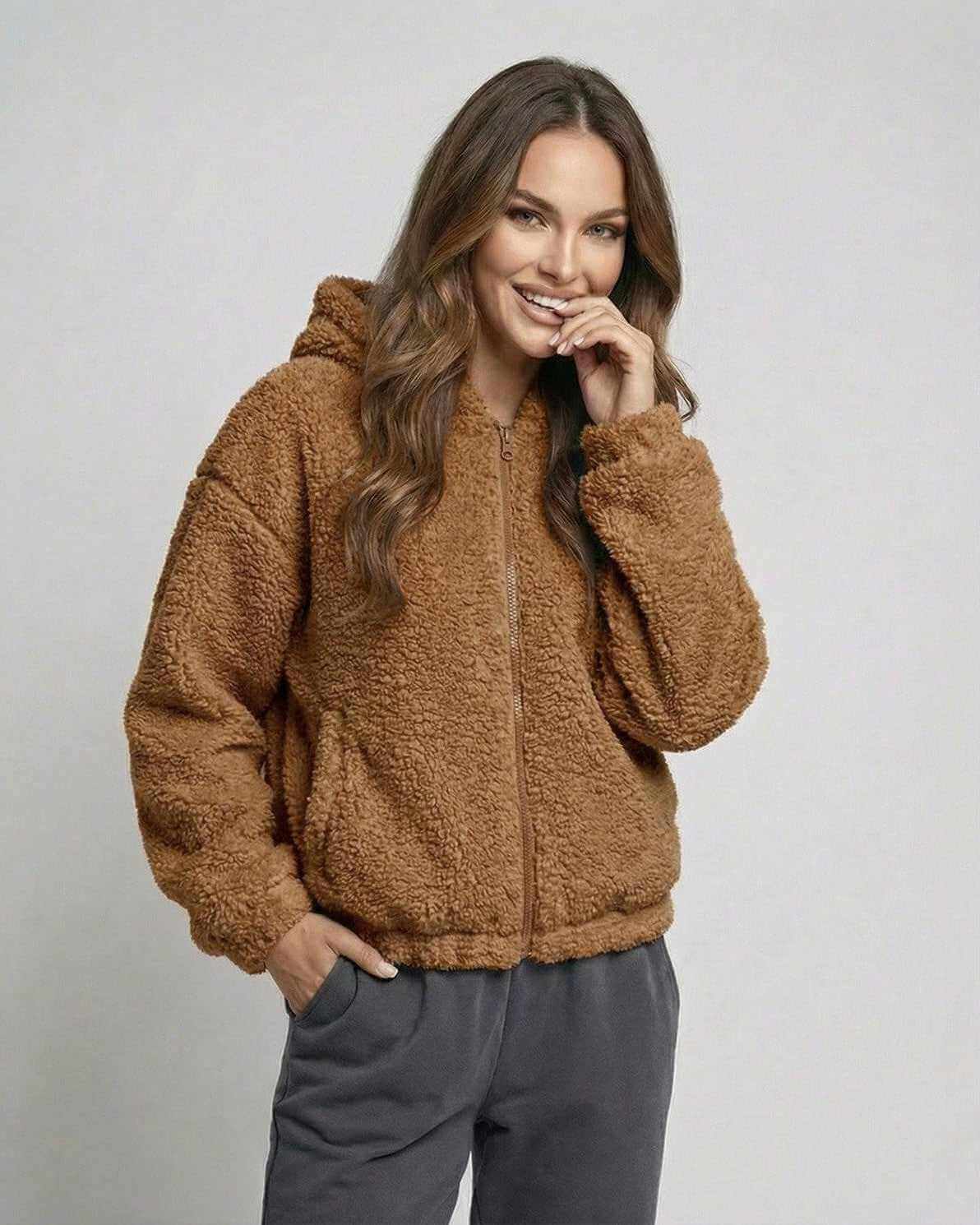Sienna Jacket by Lauven – Women's brown zip up hooded jacket with soft fleece texture.