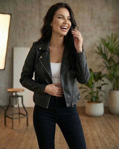 Raven Jacket by Lauven – Women’s black leather moto jacket, slim fit, showcasing a modern look with zipper details.