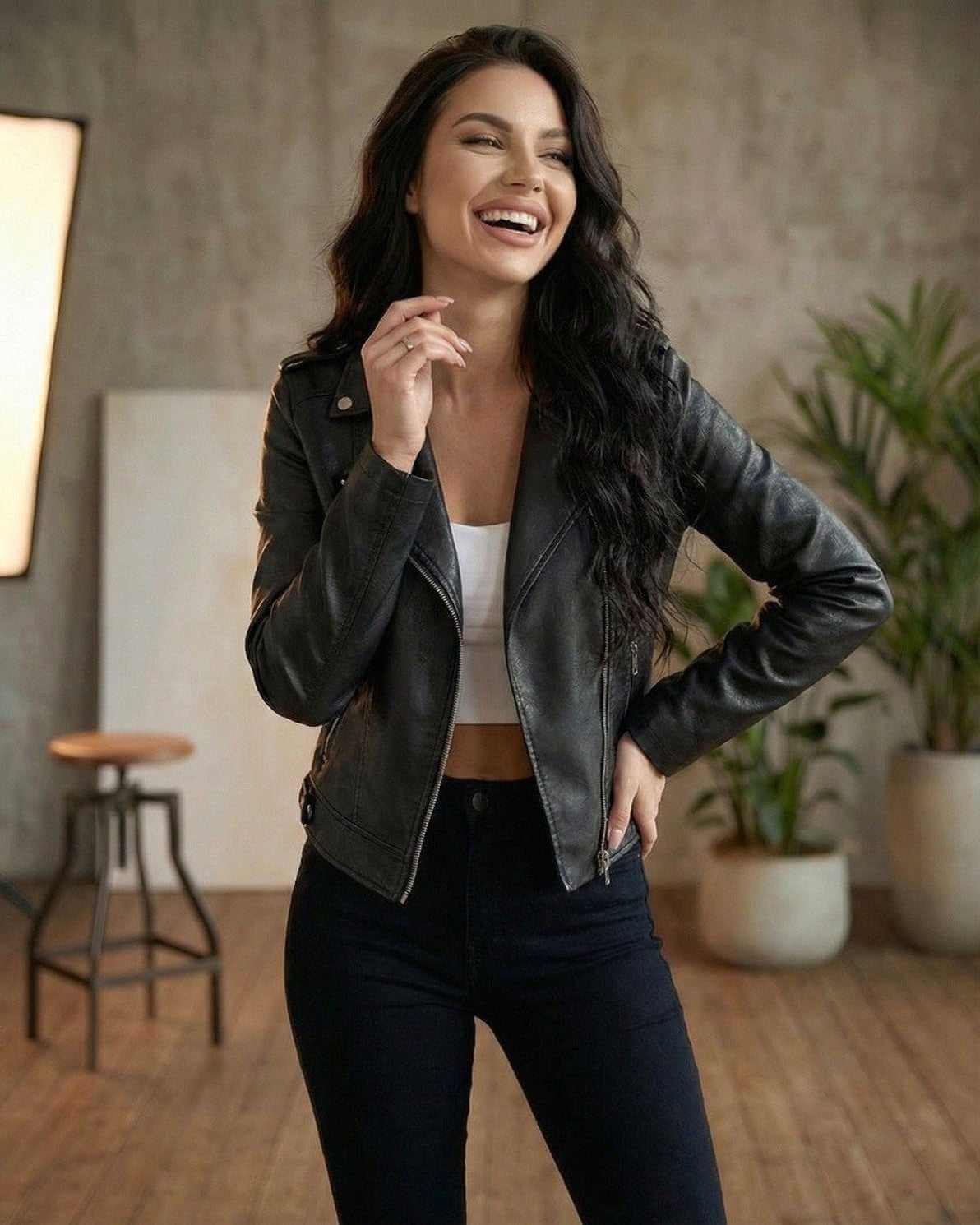 Raven Jacket - Women’s Black Leather Jacket by Lauven, stylish slim fit moto jacket with zipper details.
