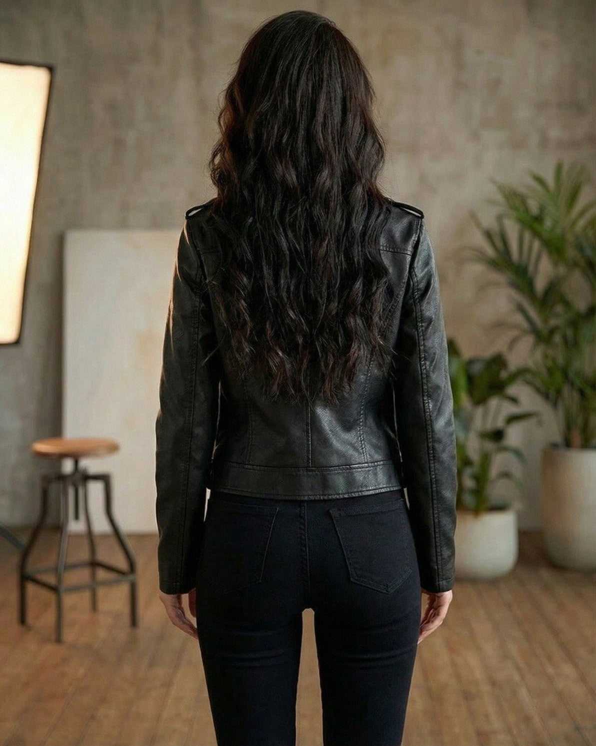 Raven Jacket by Lauven, women's black leather moto jacket, slim fit, back view, stylish and versatile design.