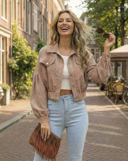 Sienna Jacket by Lauven, women’s cropped jacket with lantern sleeves and soft corduroy texture, showcasing modern streetwear style.
