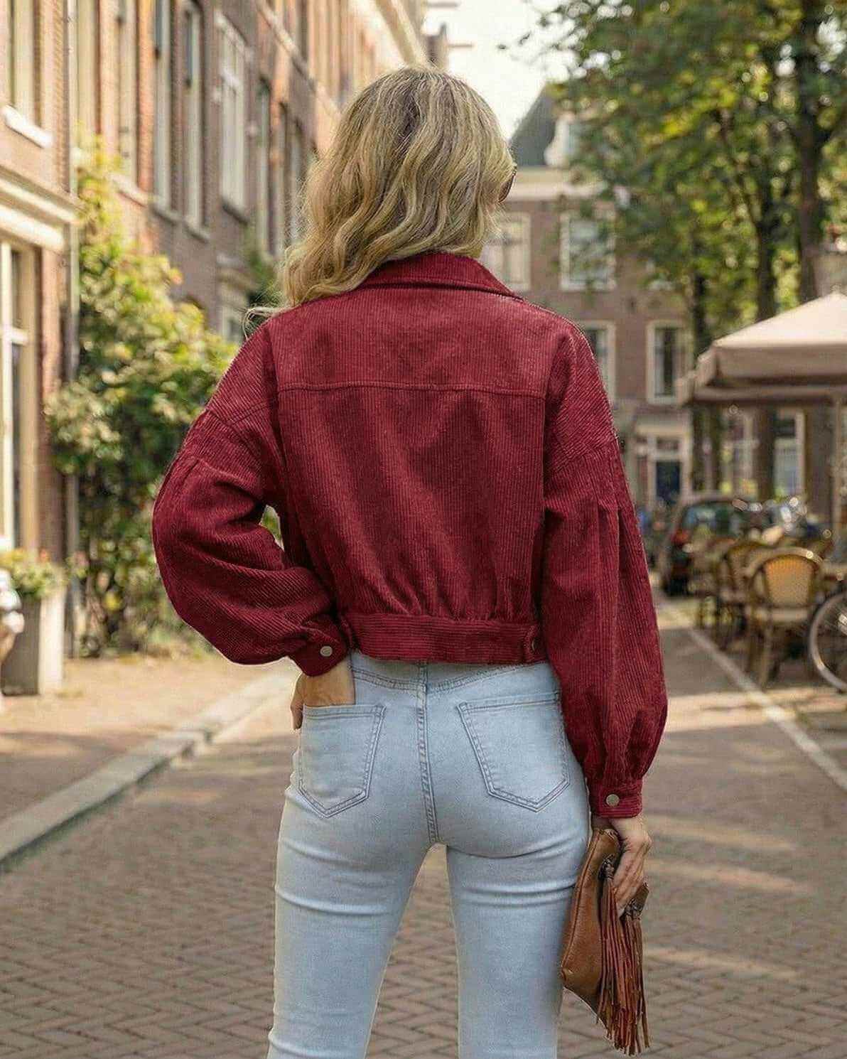 Valencia Jacket - Women’s Red Cropped Jacket by Lauven, featuring lantern sleeves and a stylish relaxed fit.