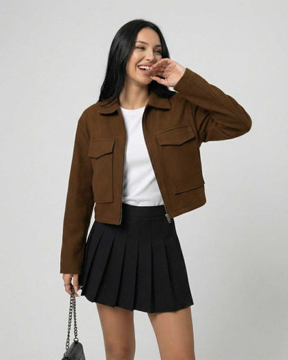 Sahara Jacket by Lauven – Women's brown jacket with polo collar, featuring clean lines and versatile styling.