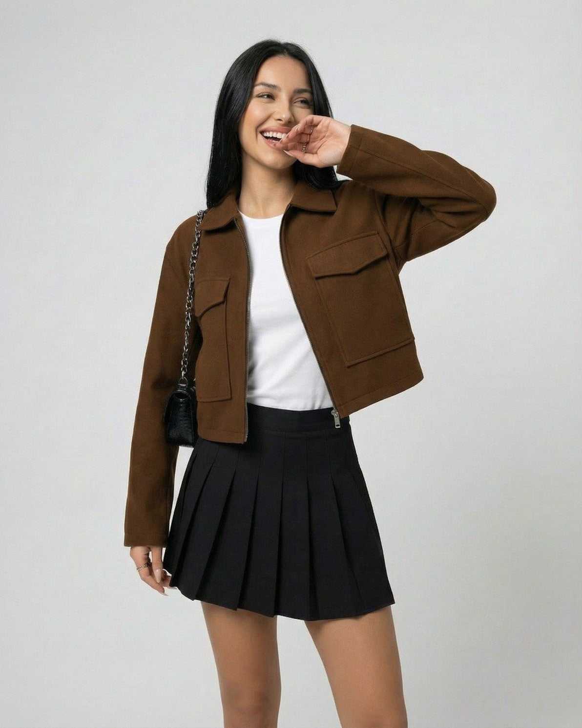 Sahara Jacket by Lauven, women’s brown jacket with polo collar, stylish and versatile for any occasion.