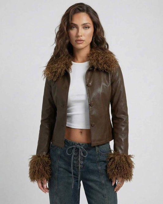 Sienna Jacket by Lauven – Women’s Faux Leather Jacket with Fur Collar and Slim Fit, perfect for modern style.