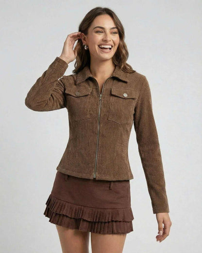 Women smiling in a Florence Jacket by Lauven, a stylish brown corduroy zip-up jacket, perfect for casual outings.