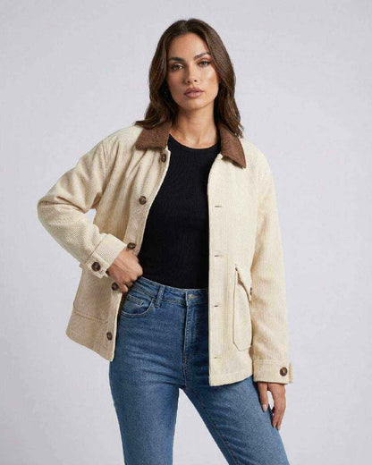 Sienna Jacket by Lauven - Women’s oversized jacket in cream with a contrast lapel collar for casual fall streetwear.