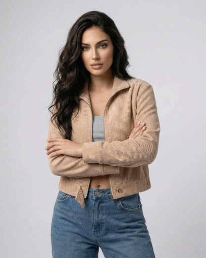 Sienna Slim Jacket by Lauven in beige, women’s fitted zip-up jacket for casual style.