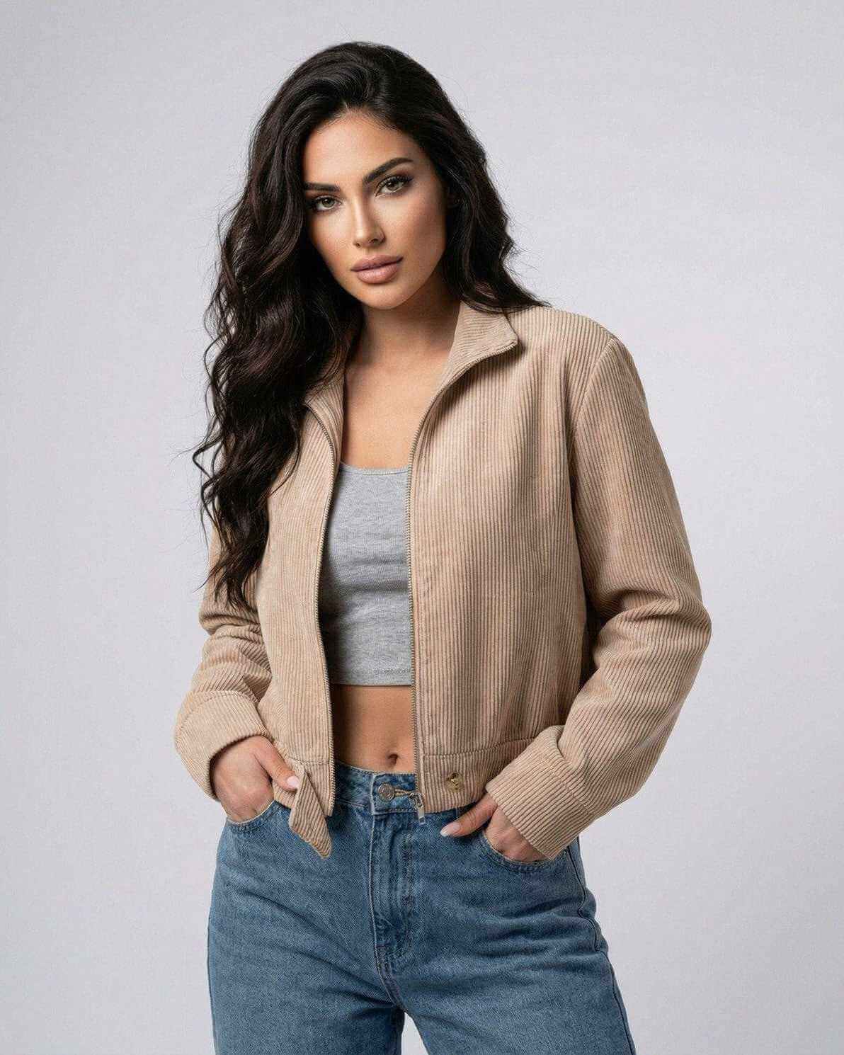 Sienna Slim Jacket by Lauven, women's fitted zip-up jacket in casual style, enhancing silhouette and comfort.