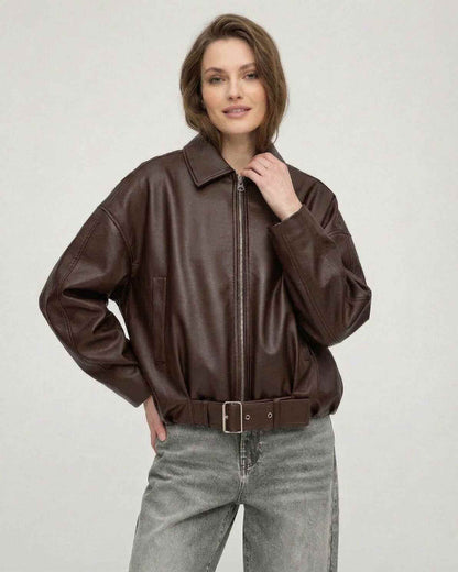 Women wearing a Brown Belted Jacket by Lauven, showcasing oversized style with a structured lapel collar.