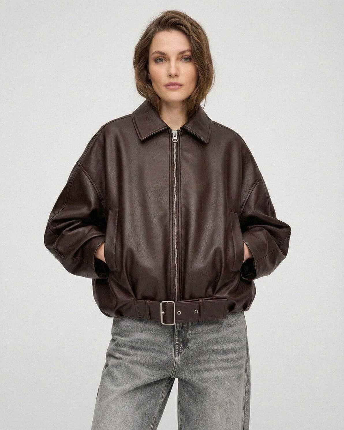 Brown Belted Jacket by Lauven – Women’s oversized zip jacket in a chic brown hue with structured lapel and belt.