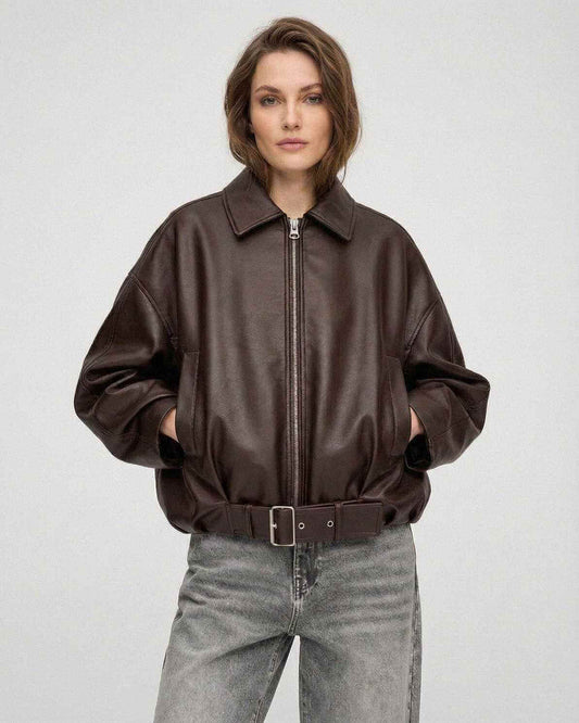 Brown Belted Jacket by Lauven – Women’s oversized zip jacket in a chic brown hue with structured lapel and belt.